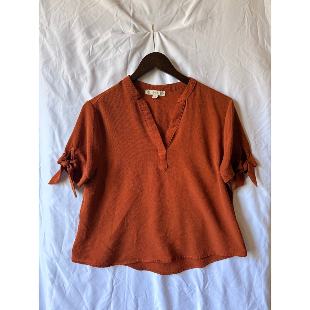 Iris Burnt Orange Tie Sleeve Split V-Neck Crepe Blouse Medium